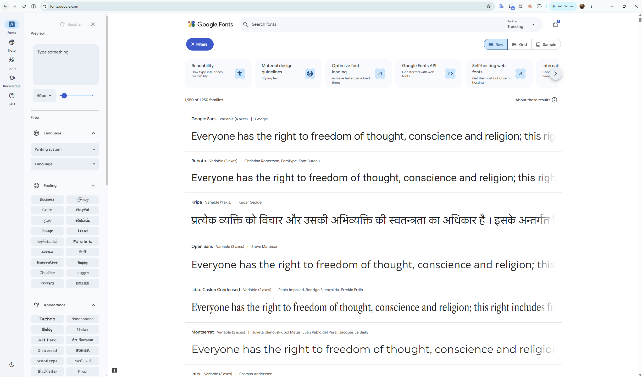 Biblioteca de Google Fonts con controles de búsqueda y filtros