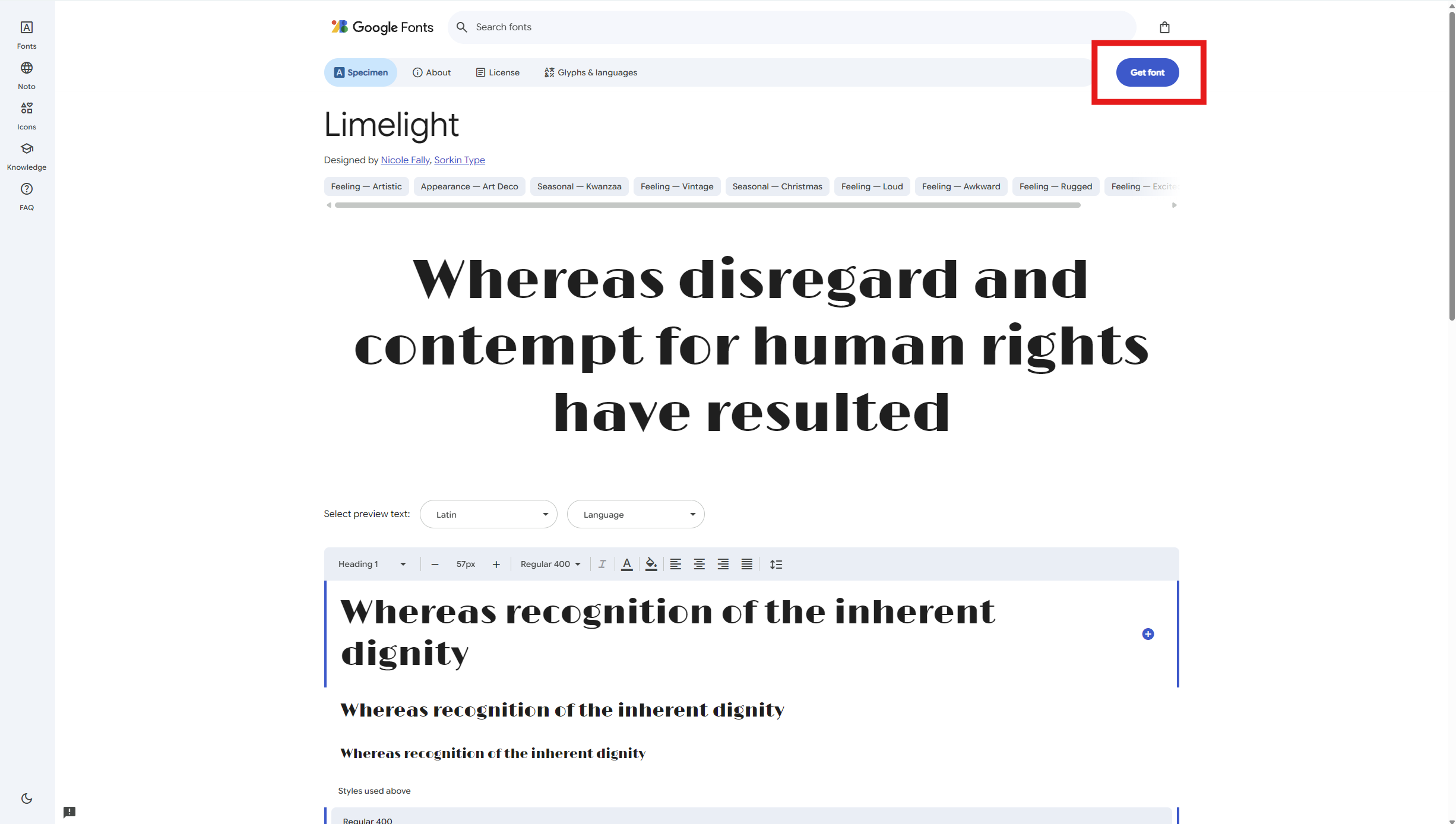 Página de muestra de Google Fonts con el botón Get font resaltado