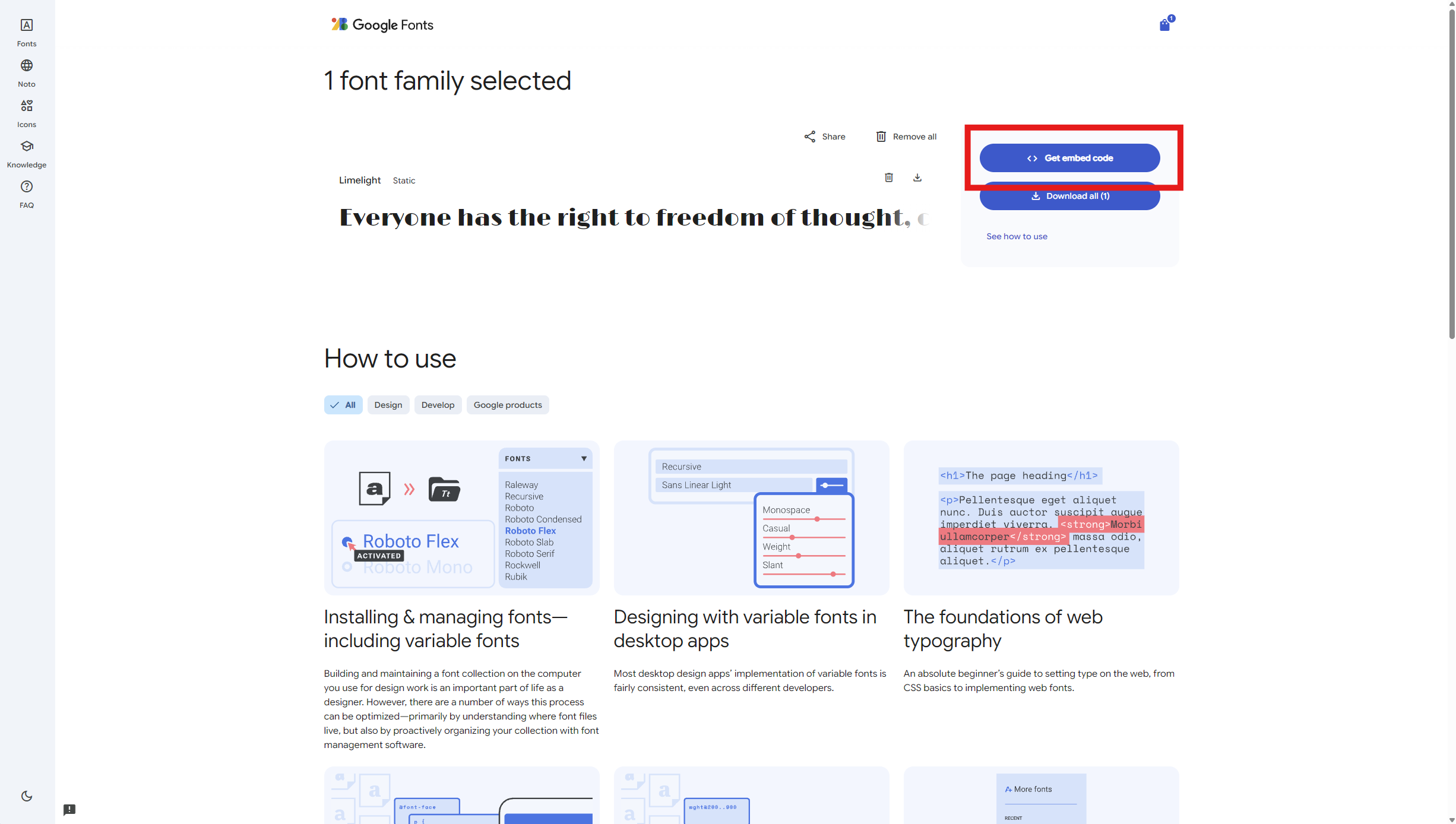 Página de familias seleccionadas con Get embed code resaltado