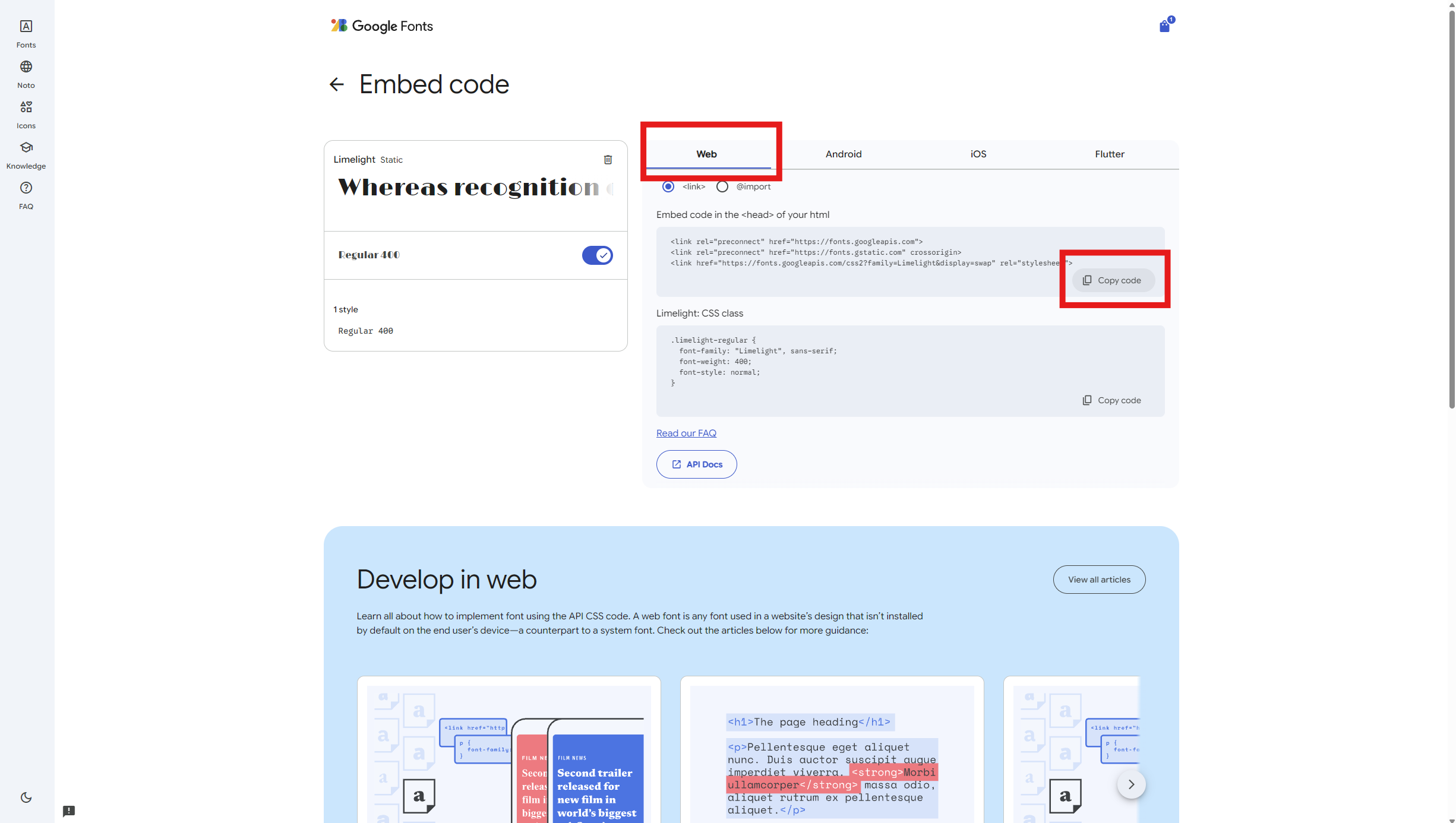Pestaña Web de Google Fonts con Copy code resaltado