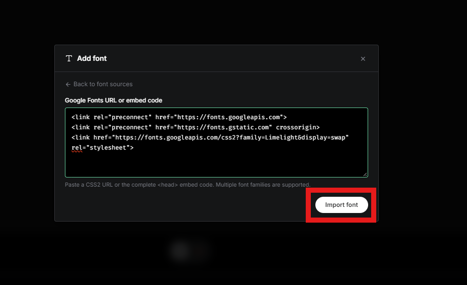 Código de Google Fonts pegado en EasyKara con Import font resaltado