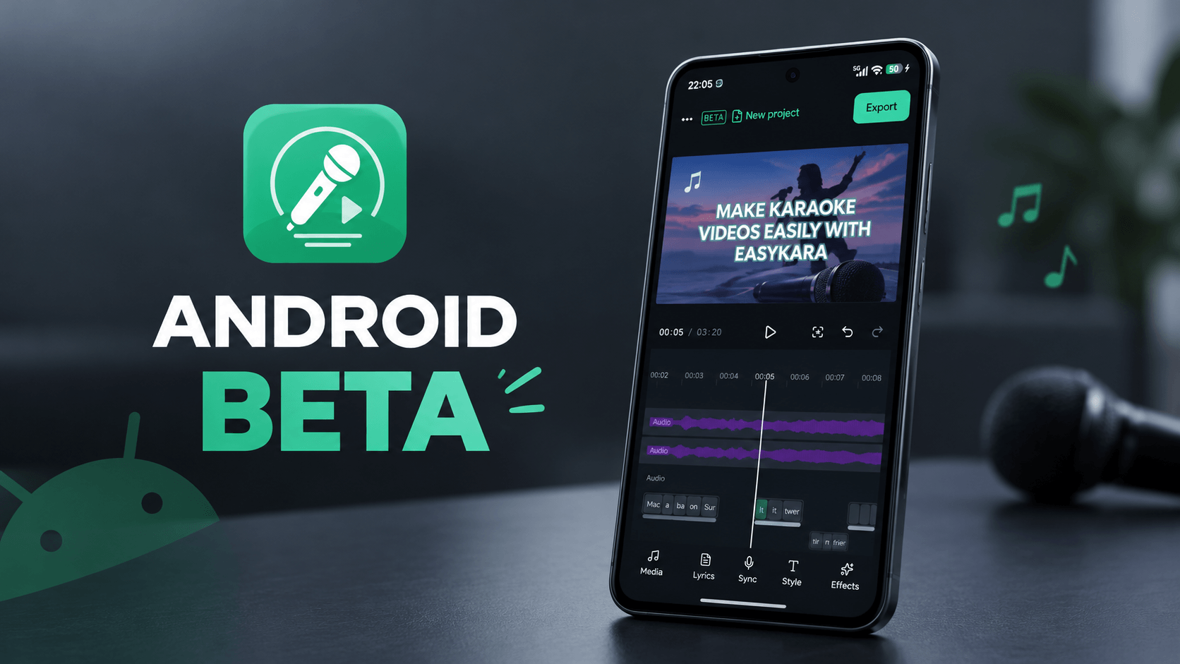 EasyKara Android-Beta-Banner mit dem App-Symbol und einem Smartphone, auf dem der Editor läuft