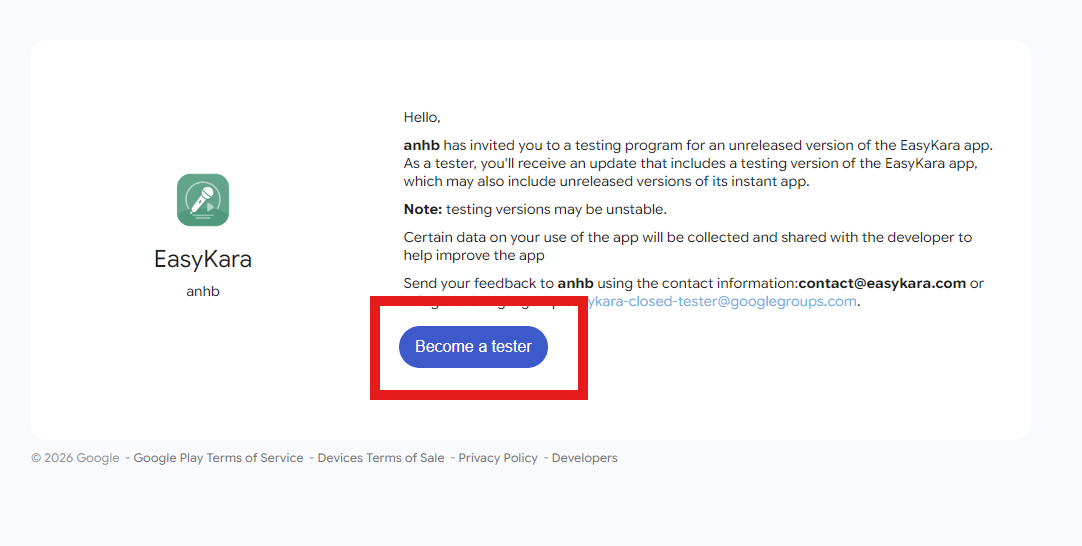 Google Play invitation to the EasyKara testing program with the Become a tester button highlighted