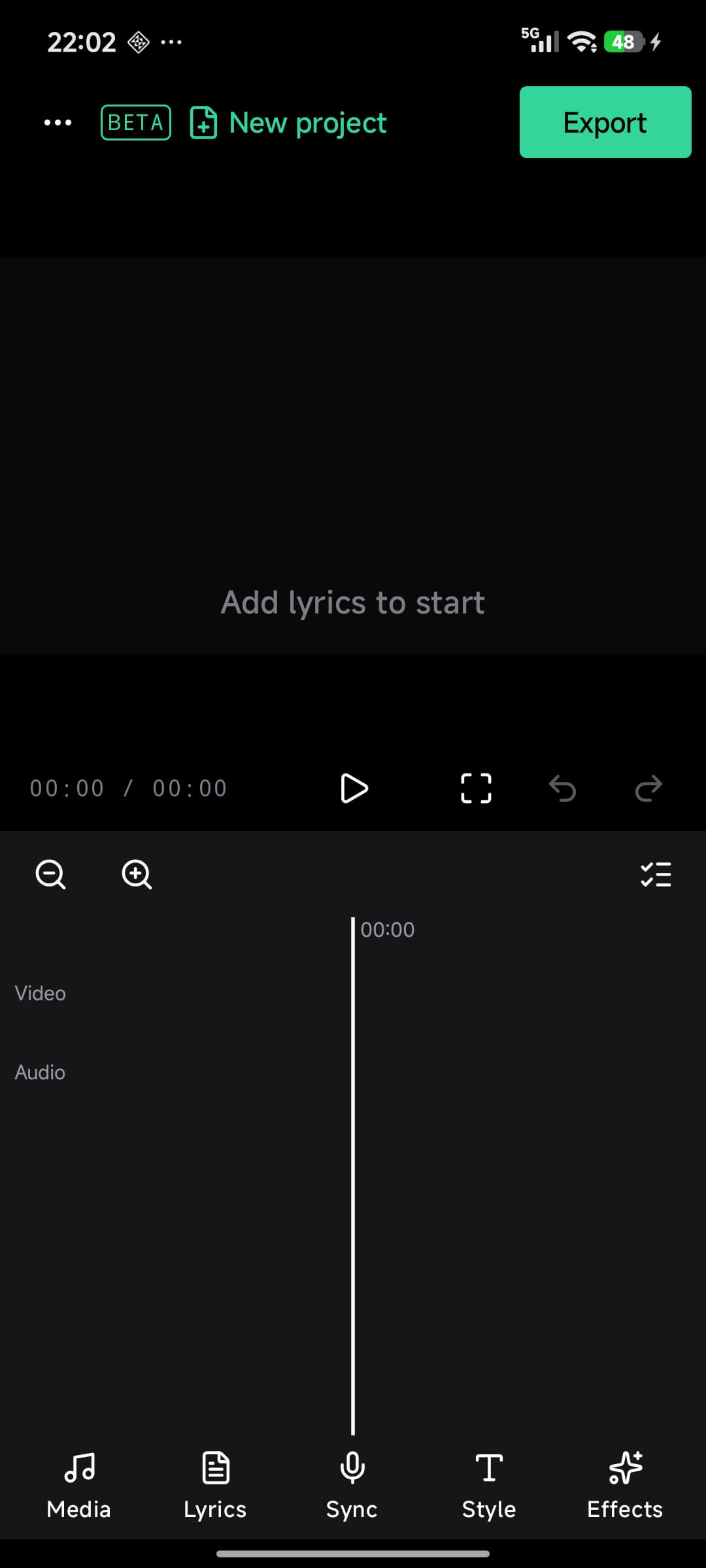 New EasyKara project with an empty preview and the Media, Lyrics, Sync, Style and Effects tools at the bottom