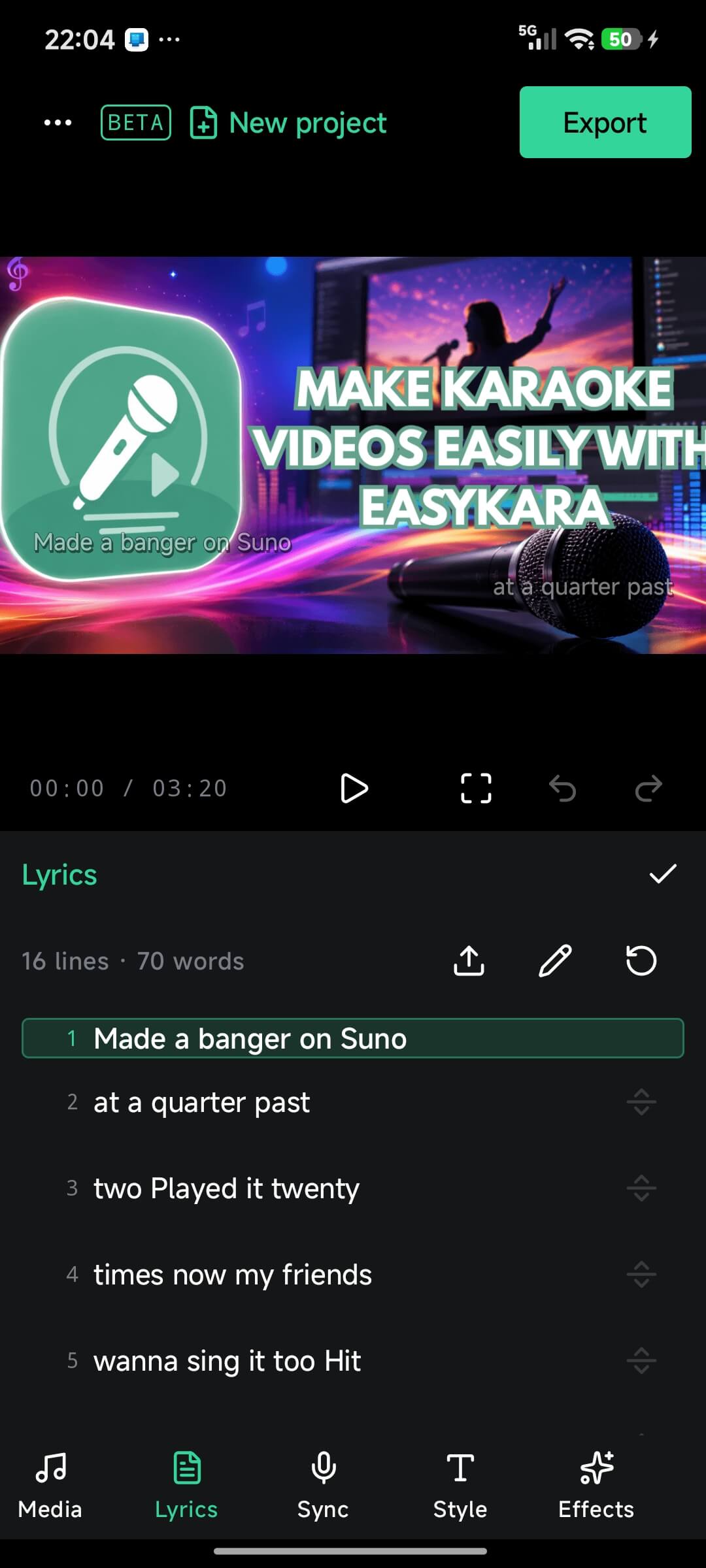 Lyrics tab with a list of numbered lines above the video preview