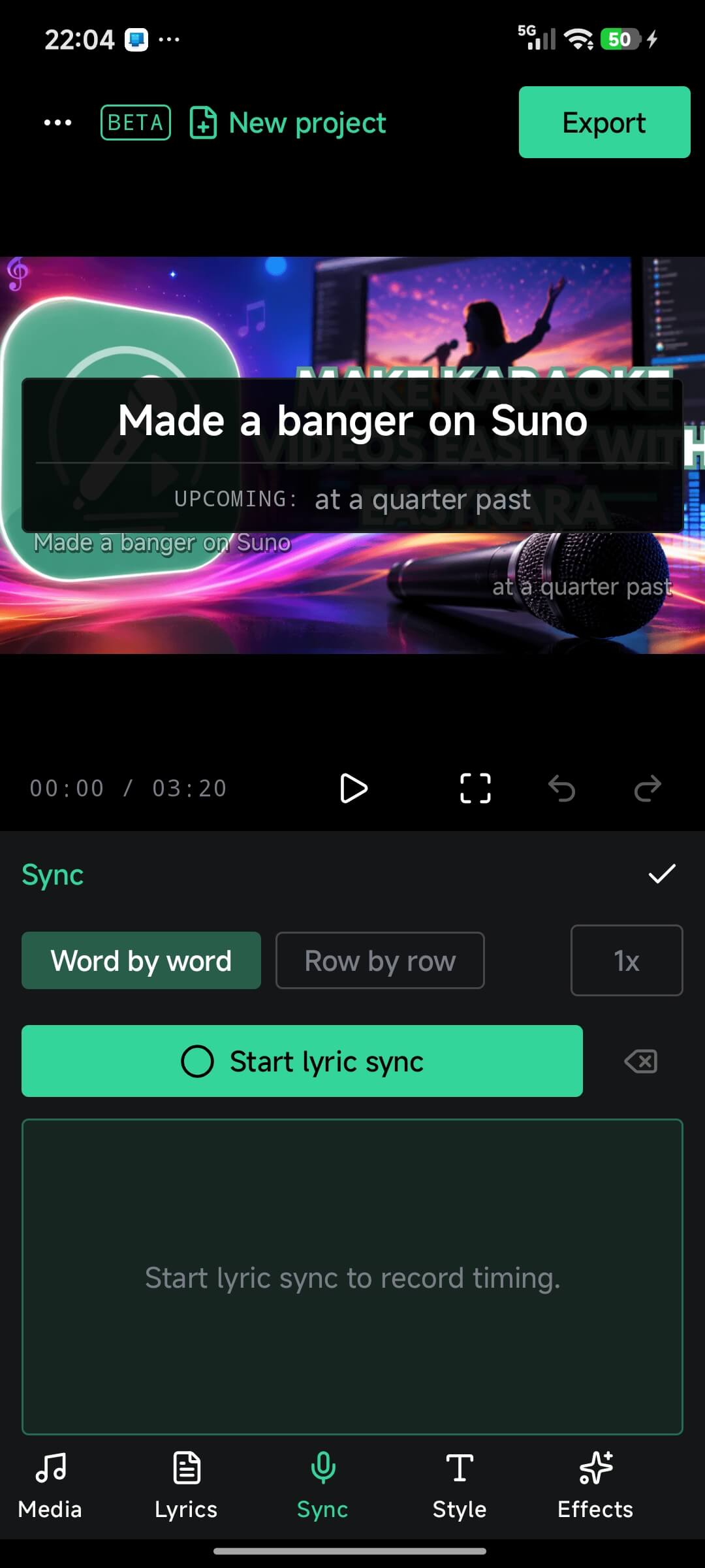 Sync tab with Word by word mode and the Start lyric sync button