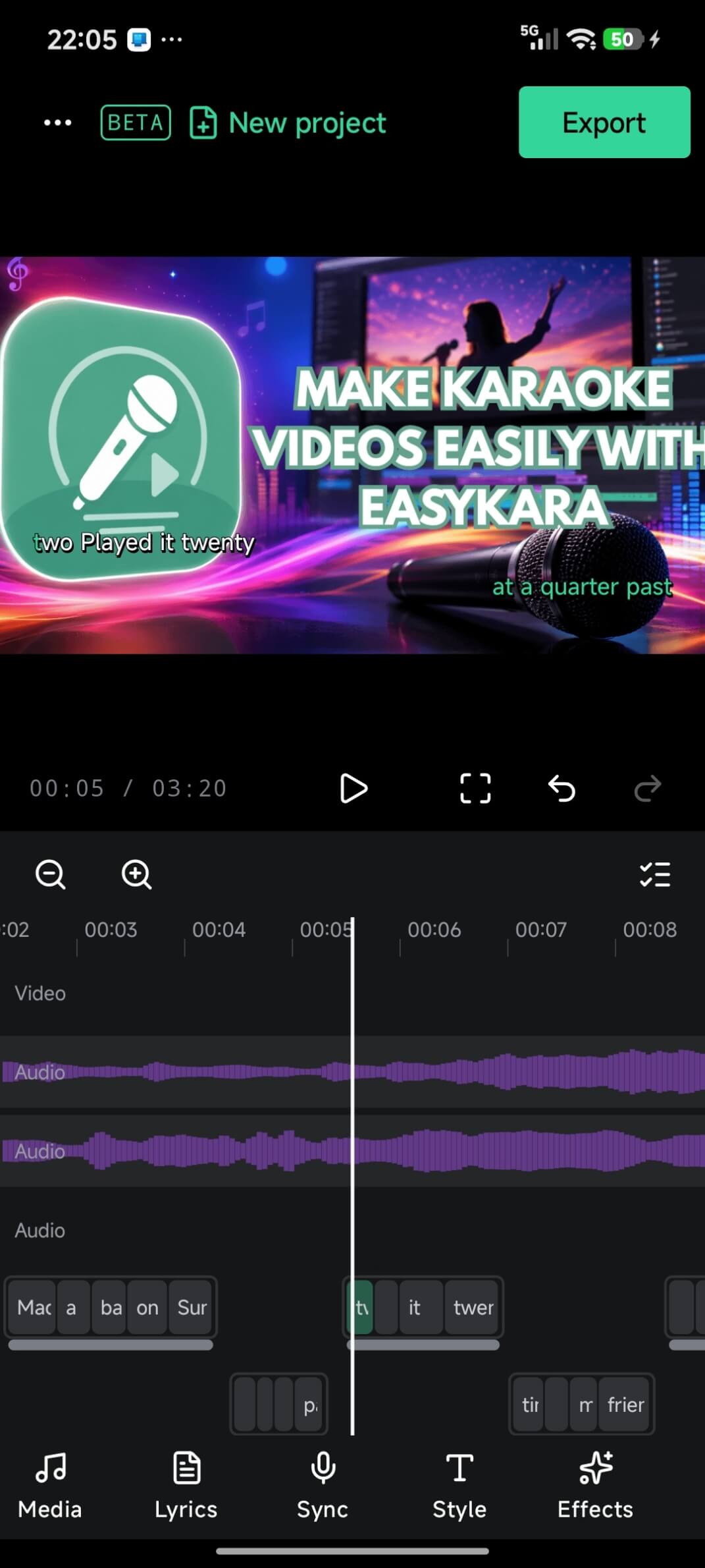 Timeline with video and audio tracks and word blocks placed along the playhead