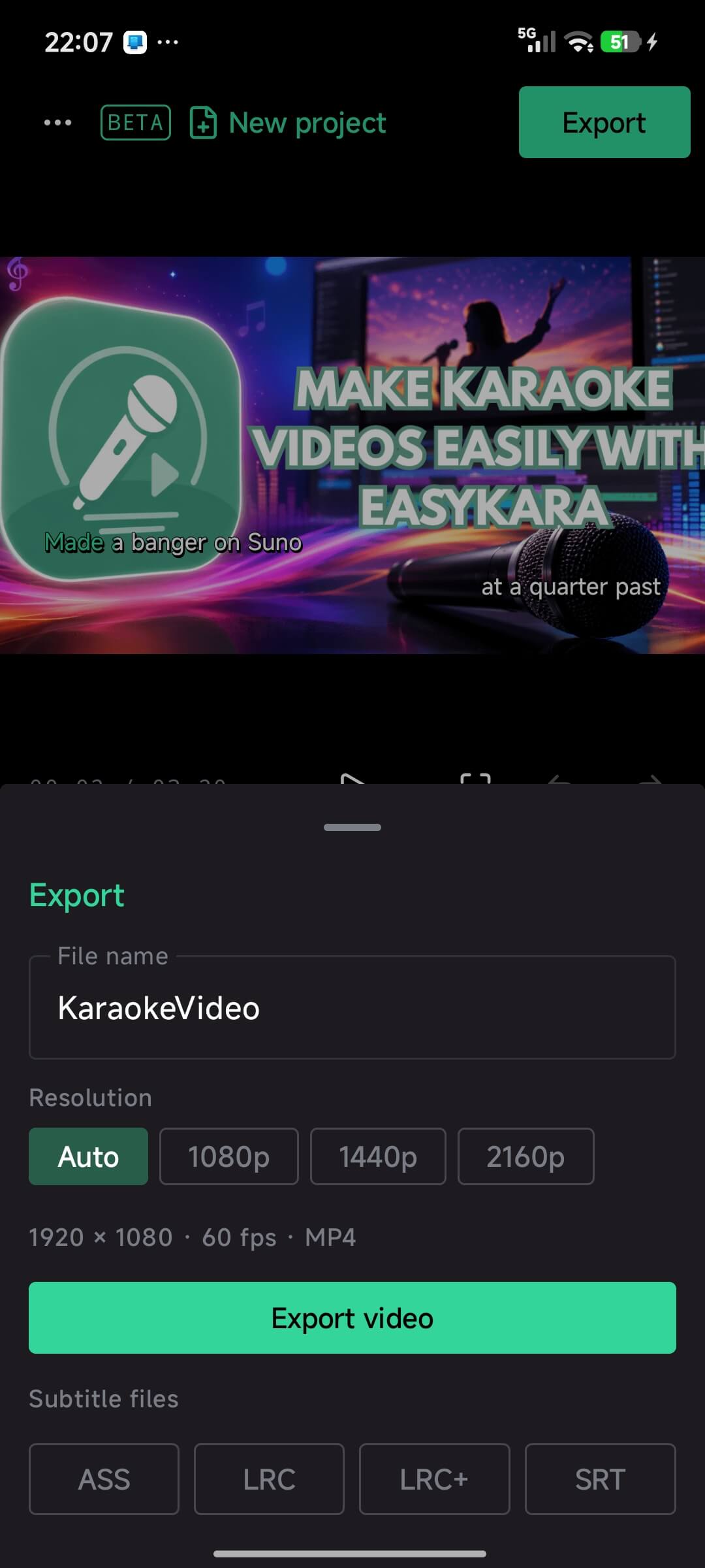 Export sheet with resolution options, MP4 output and ASS, LRC, LRC+ and SRT subtitle buttons