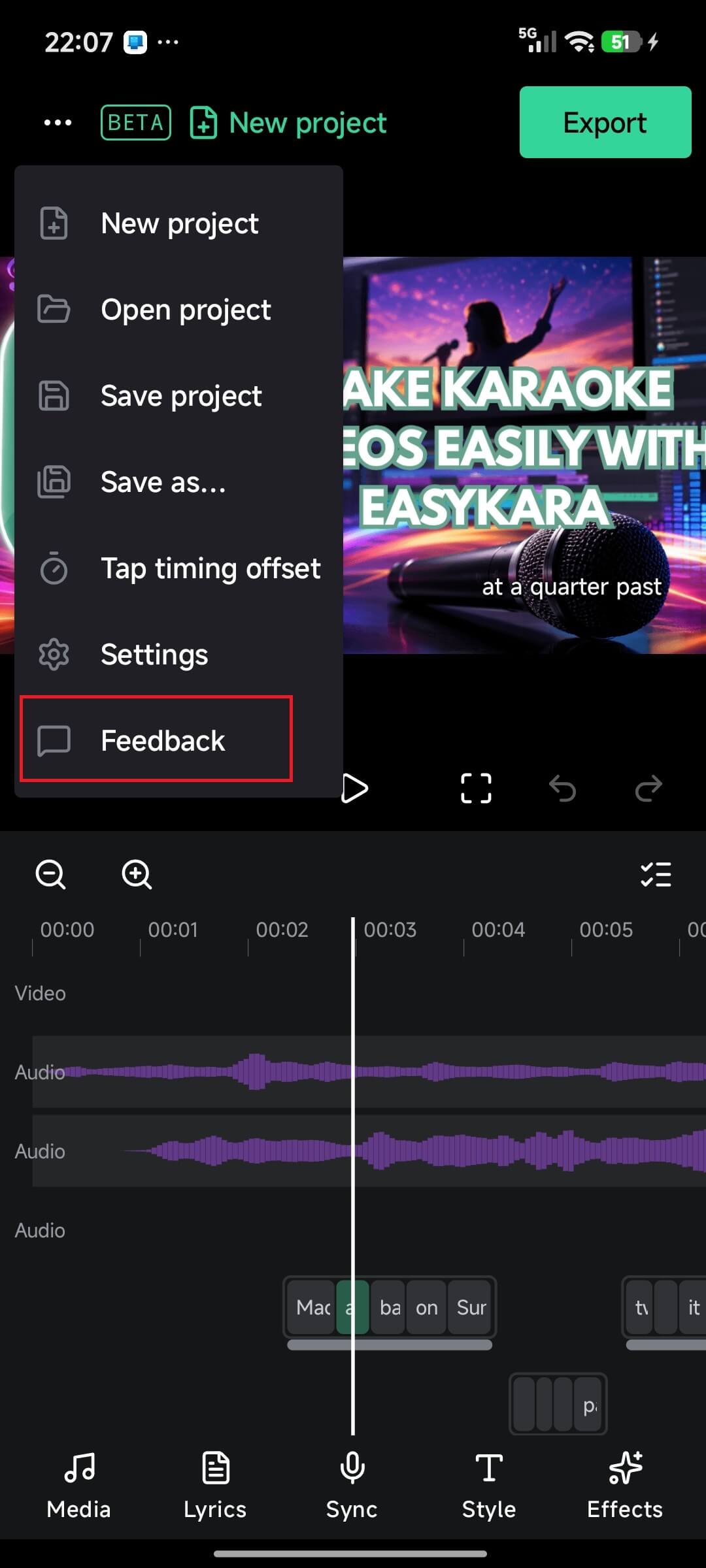 EasyKara menu open with the Feedback item highlighted
